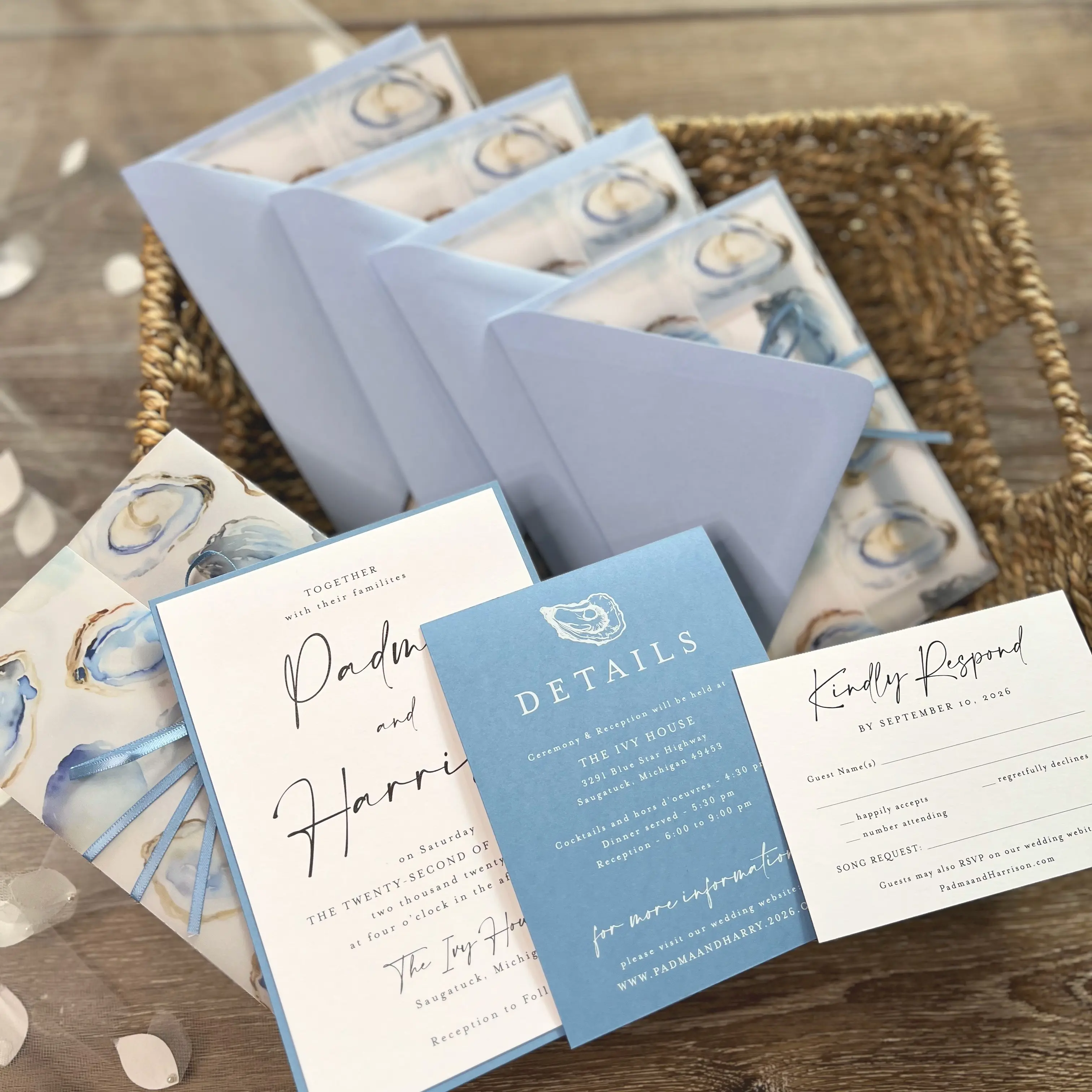 Cape Cod Wedding Invitation Suite - Oyster Beach Seascape Design with Seashell Vellum Jacket and Watercolor Waves