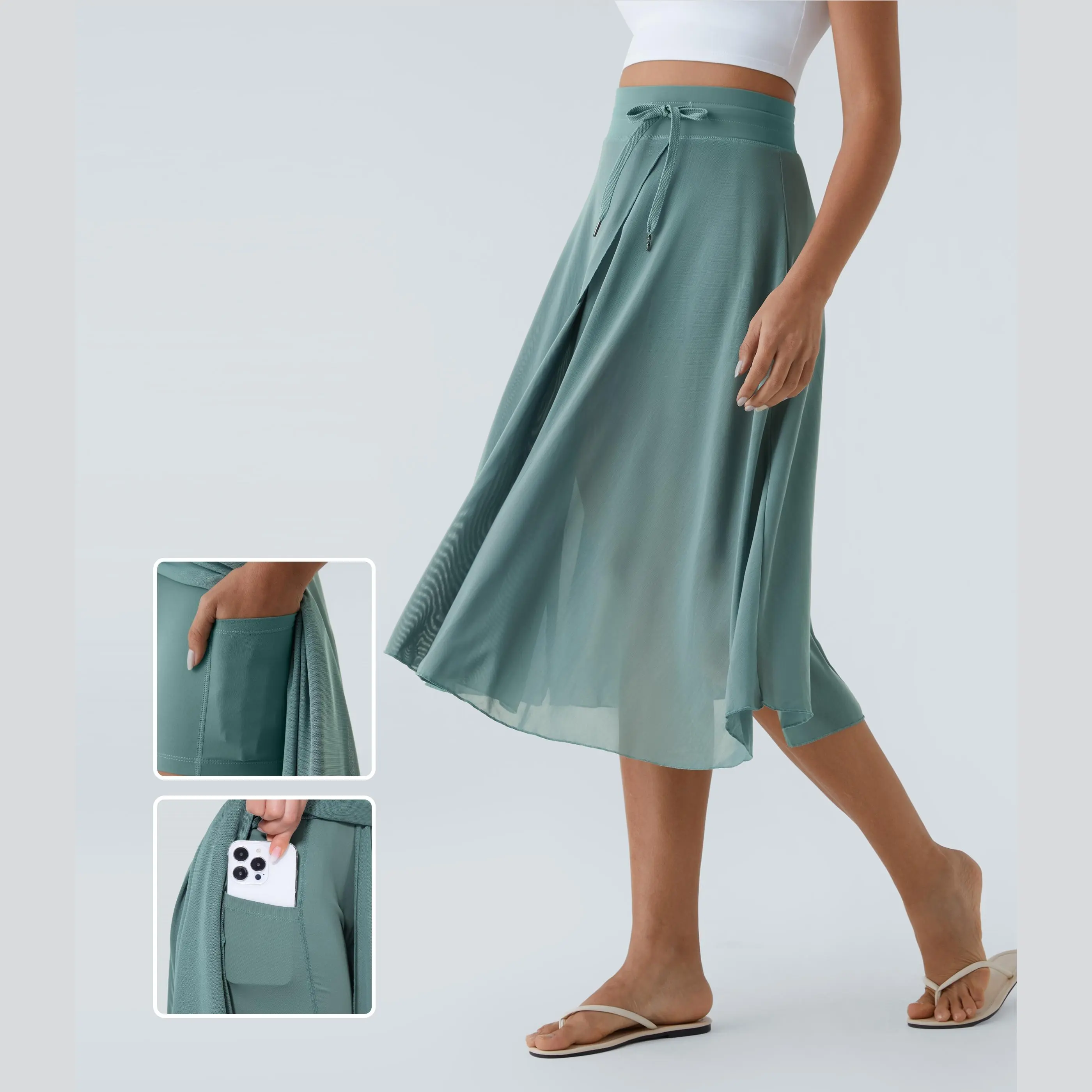 Halara High Waisted Drawstring Contrast Mesh 2-in-1 Side Pocket Flowy Midi Flare Casual Skirt #summervibes
