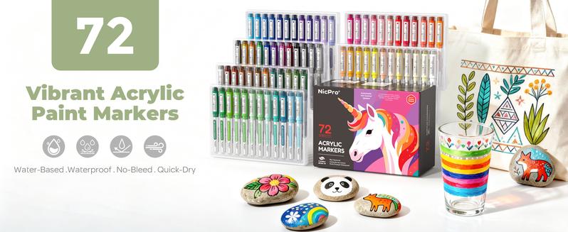 Nicpro Acrylic Paint Markers, Water-Based Brush Tip Acrylic Paint Pens with Automatic Ink Control for DIY Crafts, Art Paint Markers for Rock Painting, Glass, Ceramic, Christmas Decorations