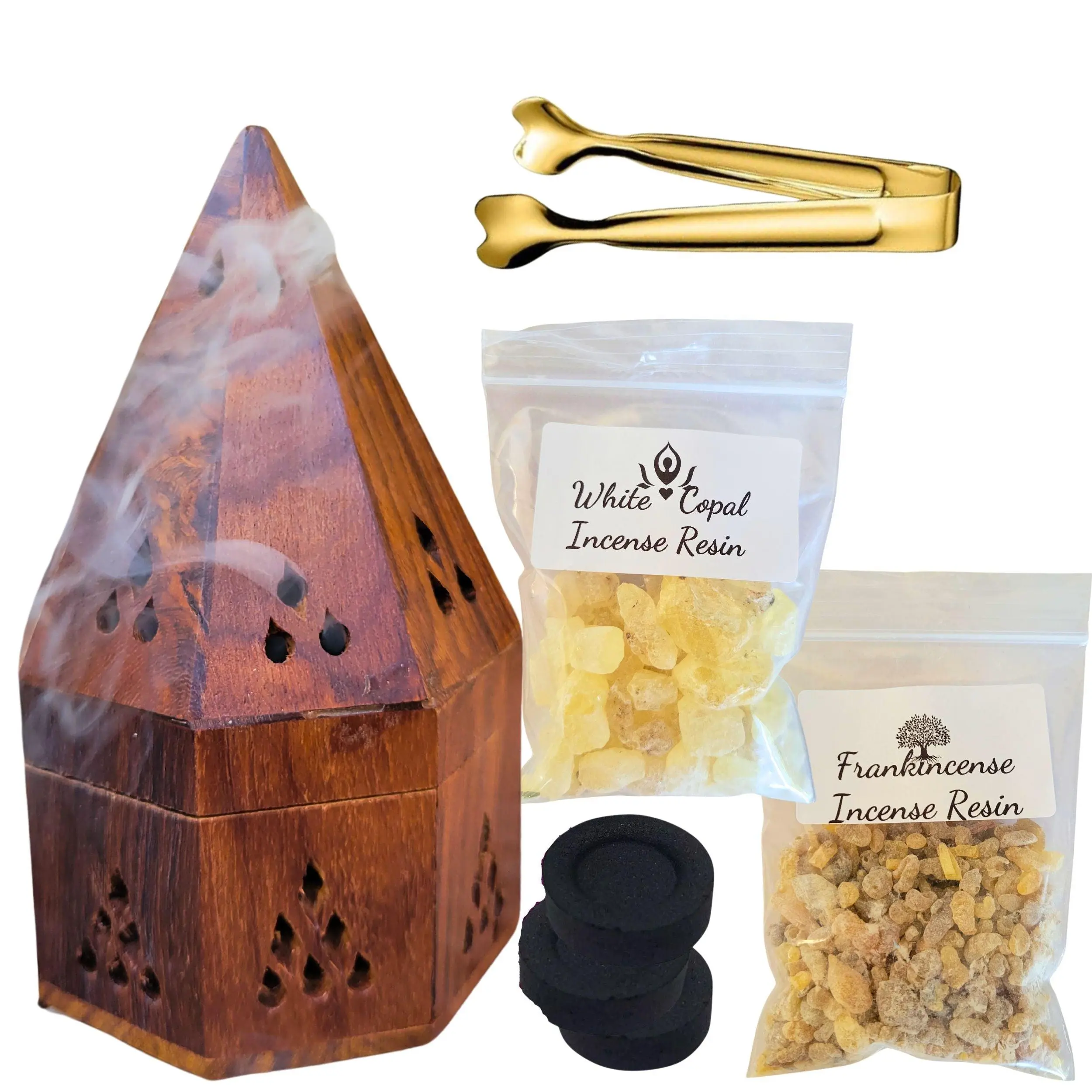 Resin Incense Burner Kit Starter Set, Natural Wood Incense Holder & Burner w/ Copal Resin & Frankincense Resin