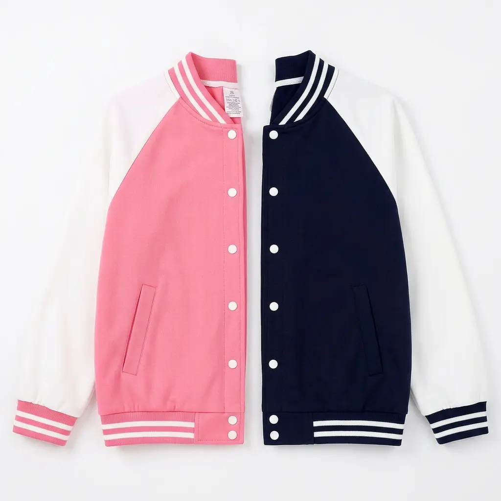 Kids Contrast Raglan Varsity Jacket, Striped Rib Collar Baseball Coat, Button Front Casual Outerwear for Boys Girls Daily Outdoor Sports, Navy & Pink Two Color Options