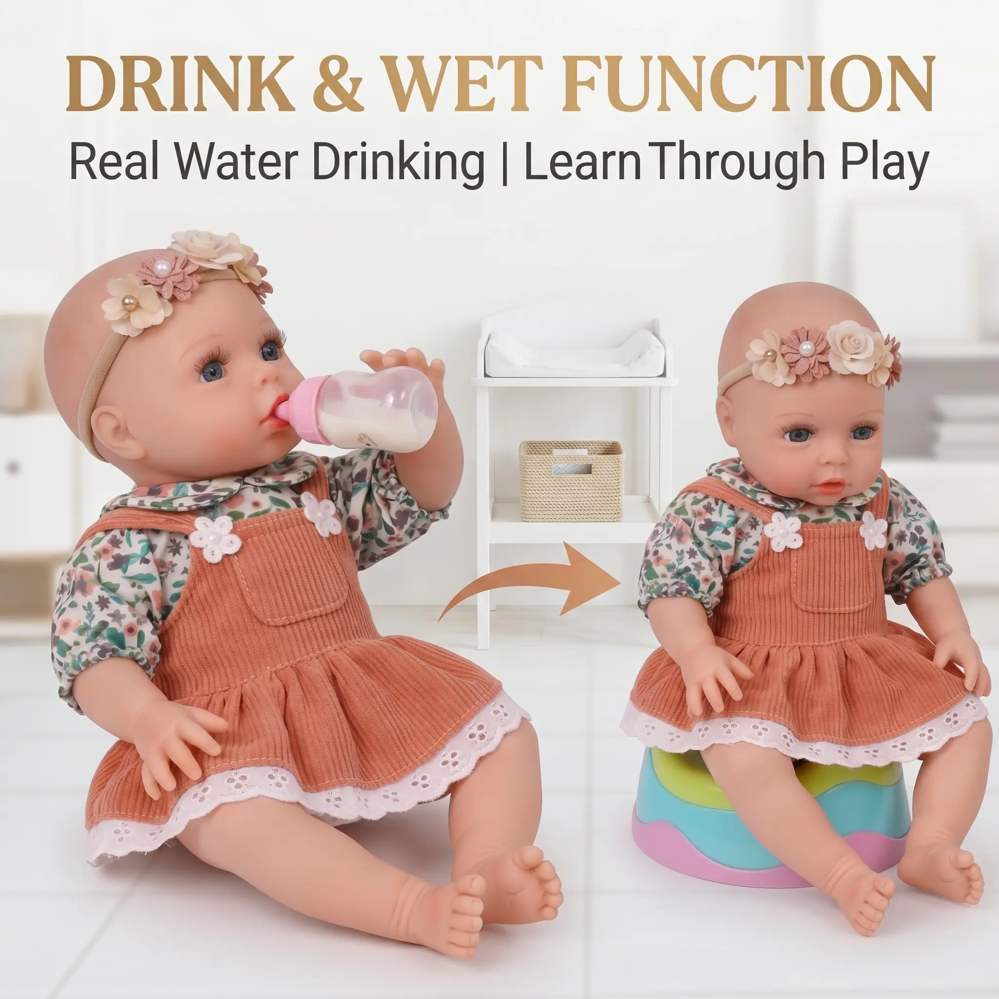 【Drink and wet】Babeside 12" Terry Silicone Reborn Baby Girl Doll - Blue Eyes, Realistic Pee Function, Interactive Soft Doll for Toys & Hobbies