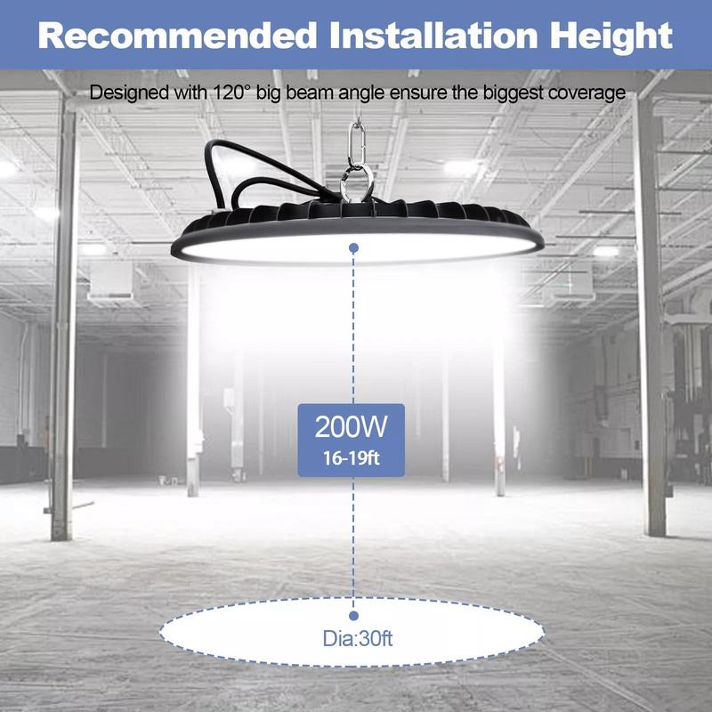 200W UFO LED High Bay Light Commercial Industrial Lighting for Warehouses and Retail Spaces 30,000 Lumens, Includes US Standard Plug and Suspension Chain, 6000K Daylight Color Temperature, Safe and Efficient