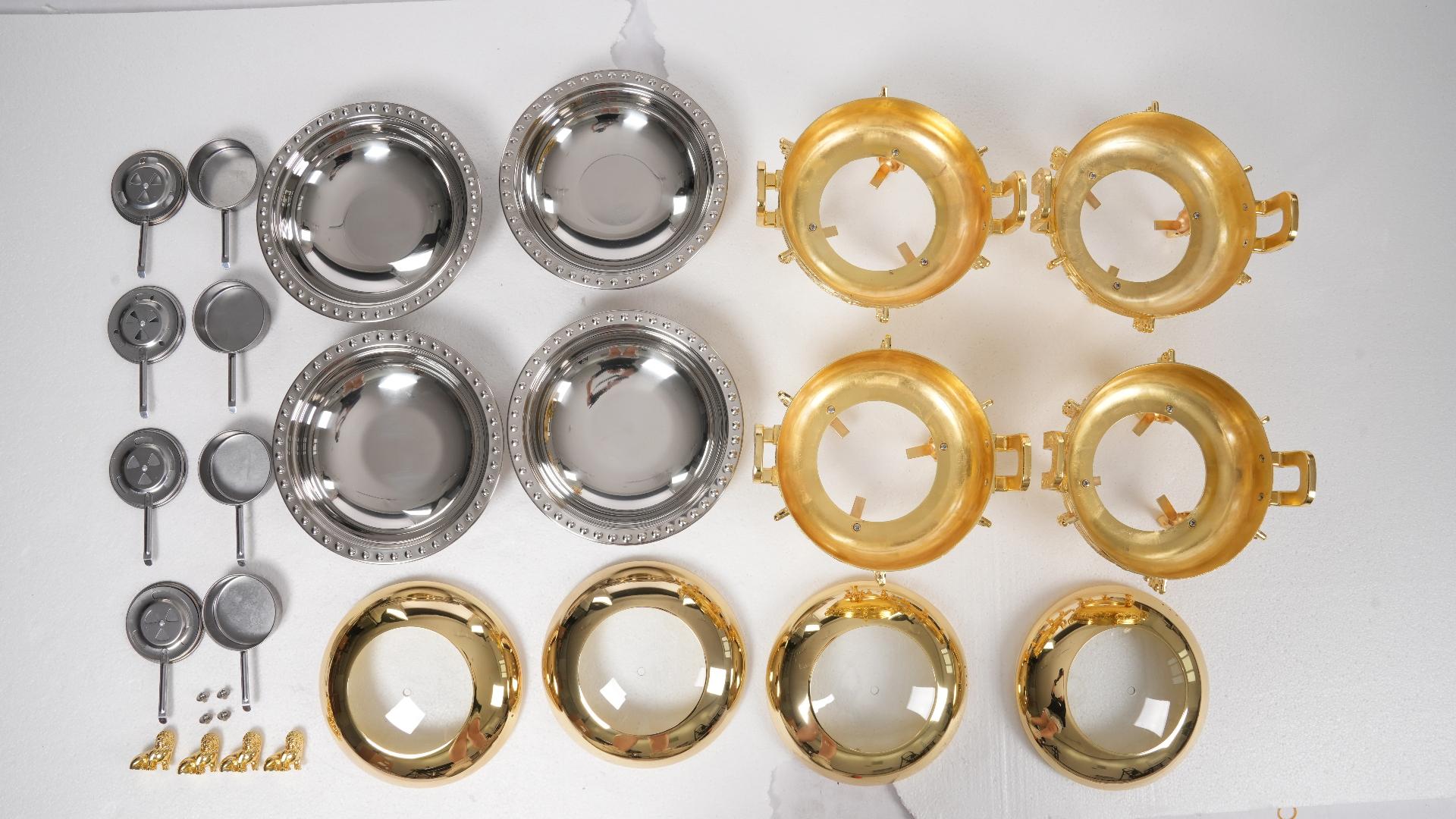 CNCEST 8.7" Traditional Chafing Dishes (Set of 4) Palatial Style Gold Tripod Warmers w/Alcohol Stoves for Catering & Banquets, Home and Party