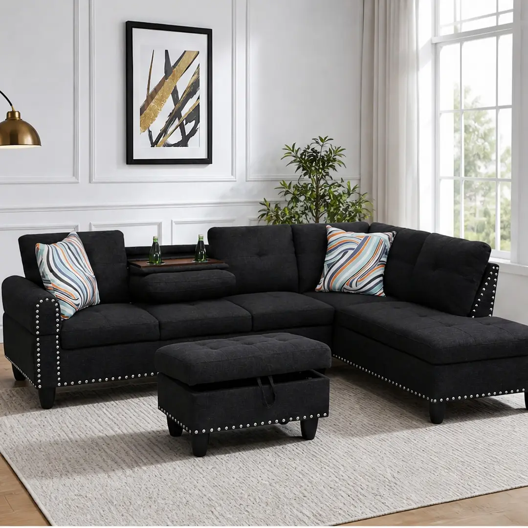 Traditional 6-Seat L-Shape Sectional Sofa Set - Arch Corner Sectional Couch with Cup Holder, Ottoman, Storage, Pull-Down Middle Seat, Tufted Nailhead Trim, Foam Cushions, Wood Frame, Black Indoor Living Room Furniture for Watch Parties