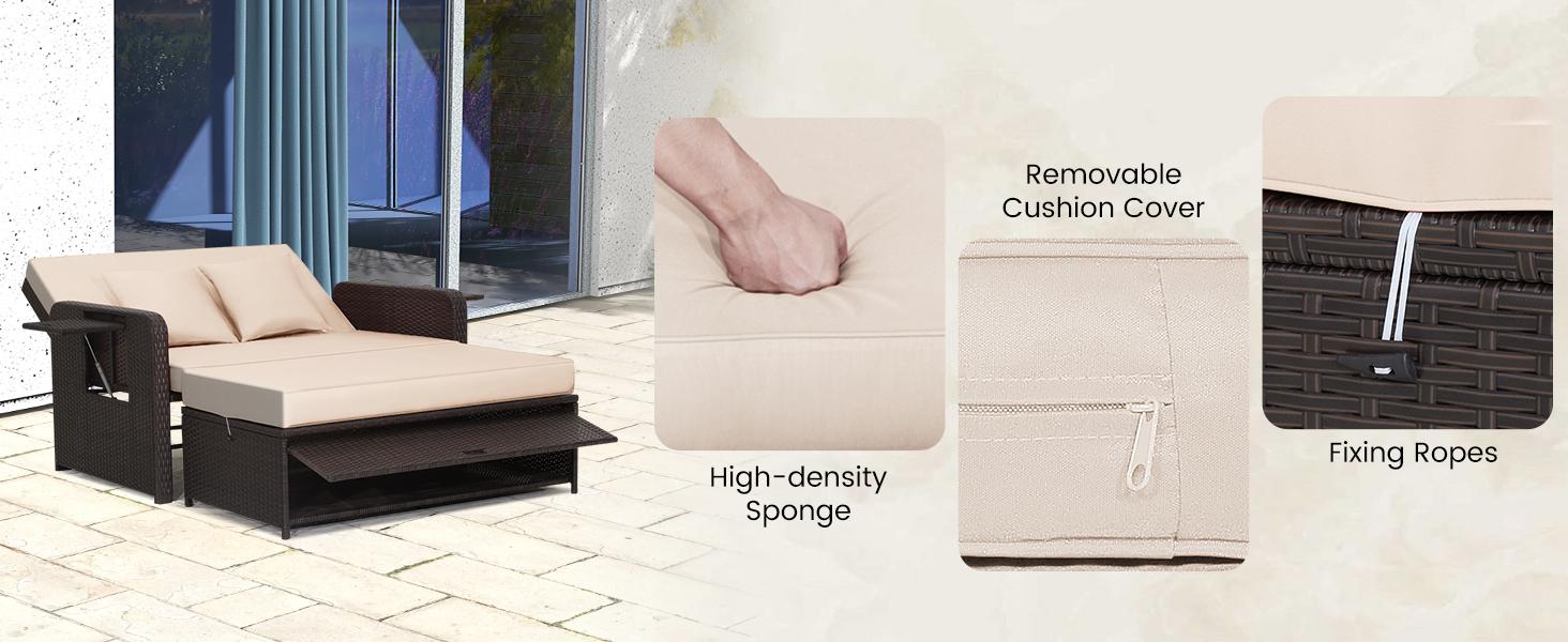 COSTWAY Wicker Patio Outdoor Daybed, Outdoor Chaise Lounger w/ 4-Level Adjustable Backrest, Retractable Side Trays, Storage Ottoman, Comfortable & Removable Cushions, Rattan Loveseat- COSTST