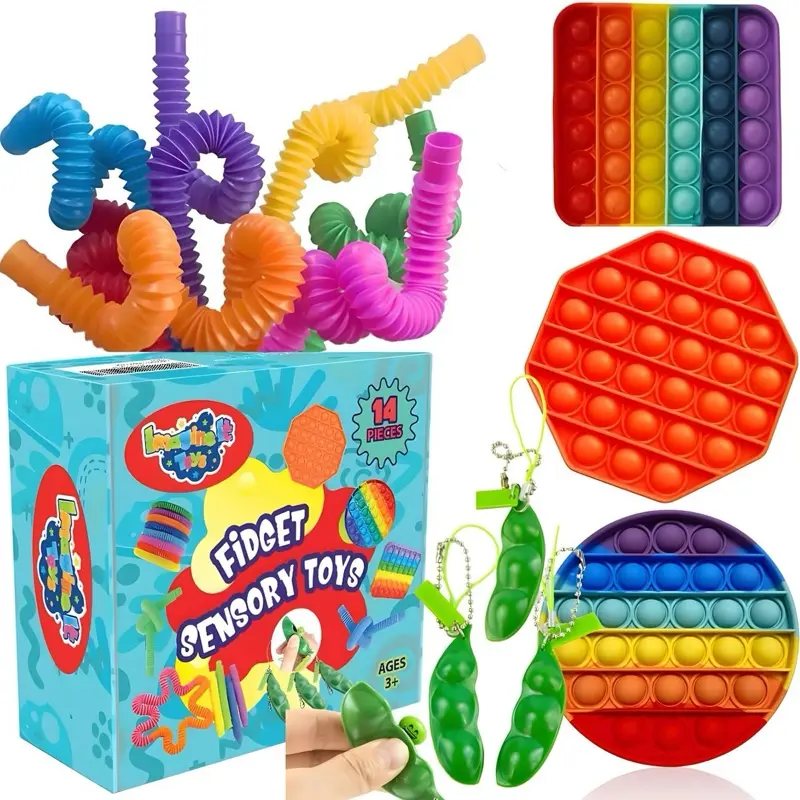 Fidgets Packs 14 pcs, 3 Bubble Popper Toys, 3 Peapod Toy Fidget Keychains, 8 Colorful Fidget Tube Sensory Tubes, Fidget Pop Tubes, Figit Pack Popper Toy Autistic ADHD Silent Focus set