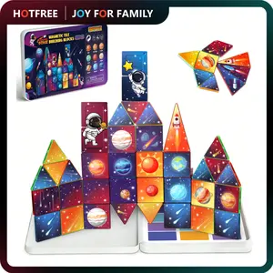 Hotfree Space Magnetic Tiles 40PCS Mini System Planet Magnet Building Blocks - Montessori Educational Magnet Travel Construction Set with Iron Storage Box, Airplane Activities Toys, STEM Toddler Birthday Christmas Gift for Boys & Girls Ages 3+