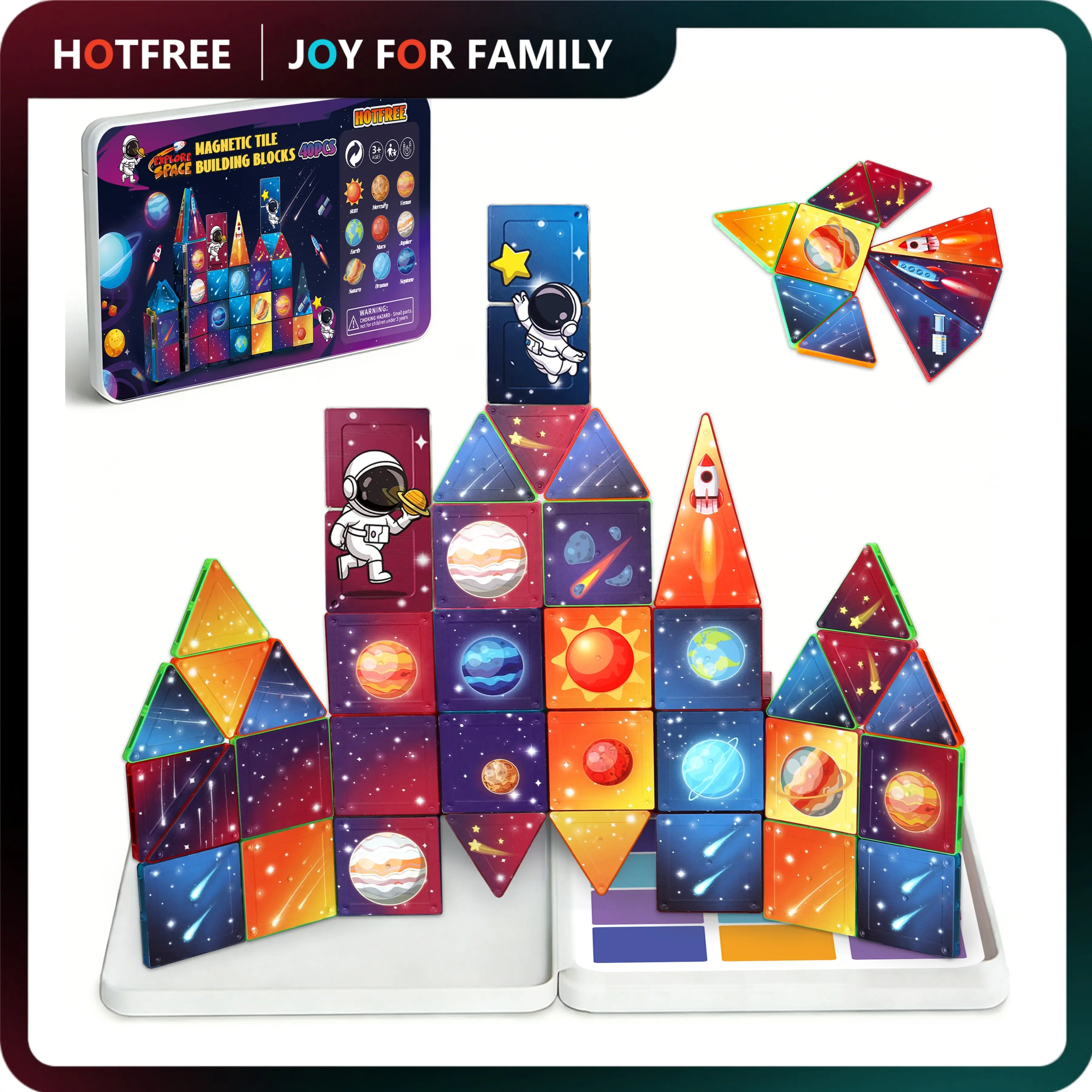 Hotfree Space 40PCS Magnetic Tiles Mini Planet System Building Blocks - Montessori Model Building Kits, ABS Plastic Colored Blocks with Multiple Colors & Shapes, Iron Storage Box, Airplane Activities, Fine Motor Skills Toddler Gift (Ages 3+)