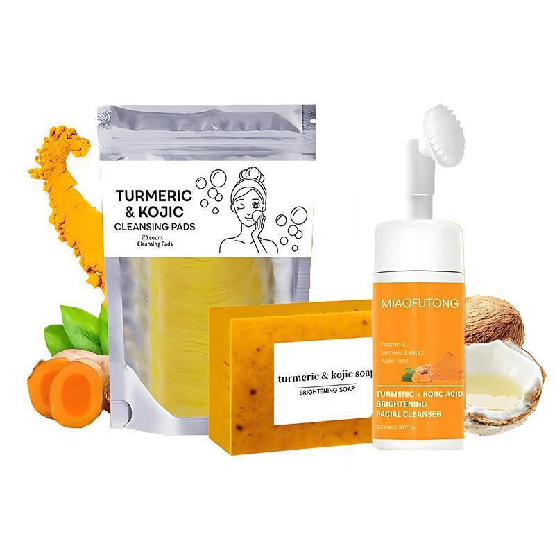 [TURMERIC&KOJIC]Turmeric Wash and Care tow Piece Set, Tuemeric Facial Cleanser & Turmeric Soap Combo, Turmeric Cleansing Mousse, Face Wash and Soap Bundle for Face & Body Deep Cleansing (1pc Turmeric Wash+3pc Soaps)