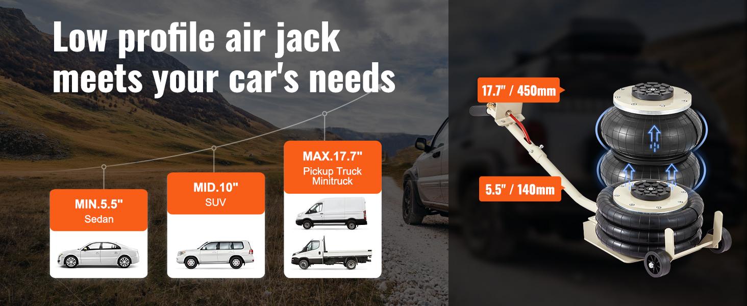 VEVOR Pneumatic Air Jack, TikTokShopBlackFriday, 3T / 6600 lbs Triple Bag Air Jack, Airbag Jack with Six Steel Pipes, Lift up to 17.7 inch/450 mm, 3-5 s Fast Lifting Pneumatic Jack, with Long Handles for Car, Garage, Repair