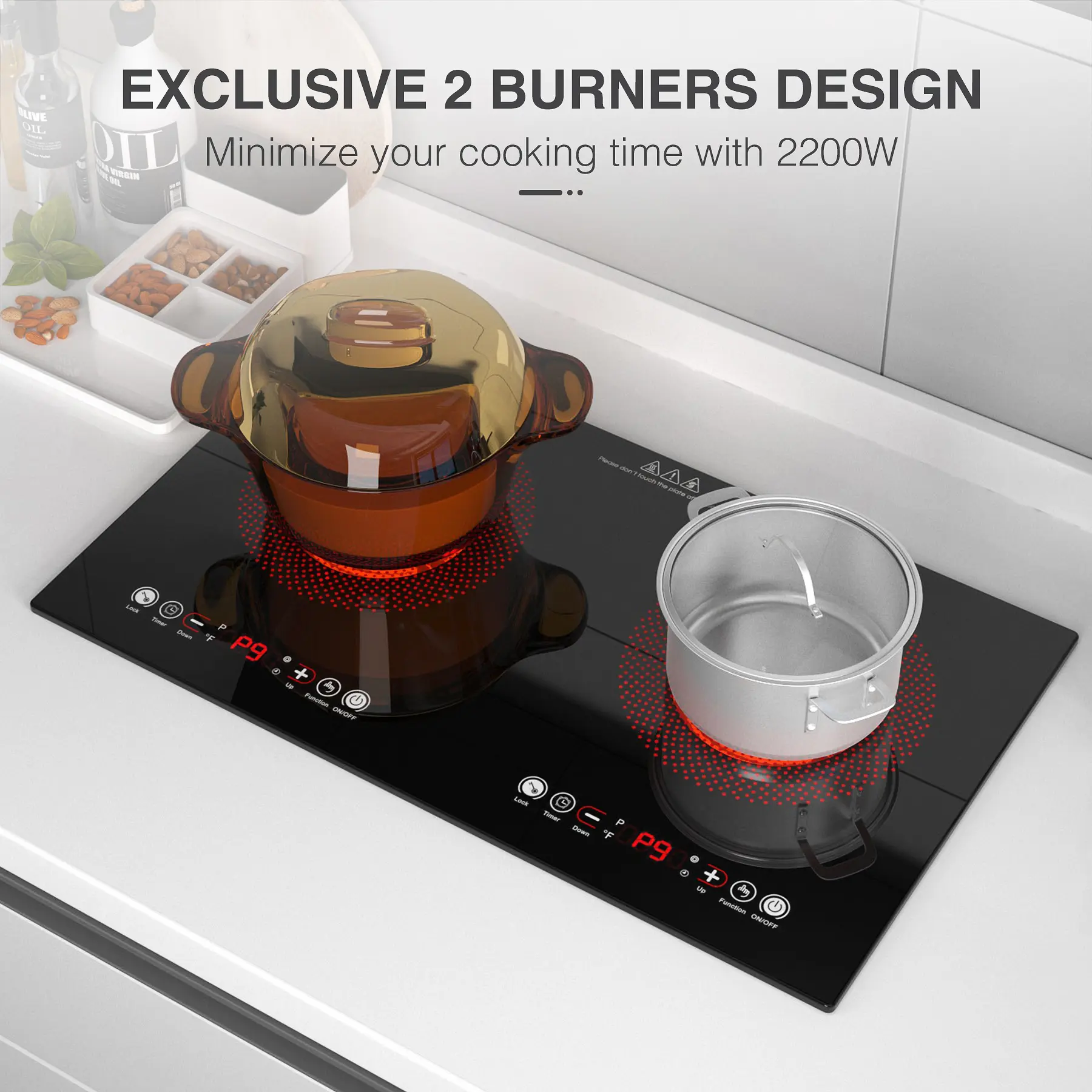 WBVV, Cooktop, Portable  Stove .CountertopCooktop with 9 Power Levels Child Safety Lock &Timer 2000W for Kitchen,estufa electricacompatible with All  , Durable Appliance.Round Multifunction Induction  DoubleBurner  stovetop
