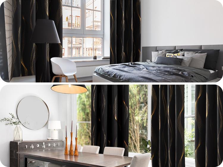 Blackout Curtains 2 panels, Deconovo Wave Striped Foil Golden Print Room Darkening Living Room Curtains curtain