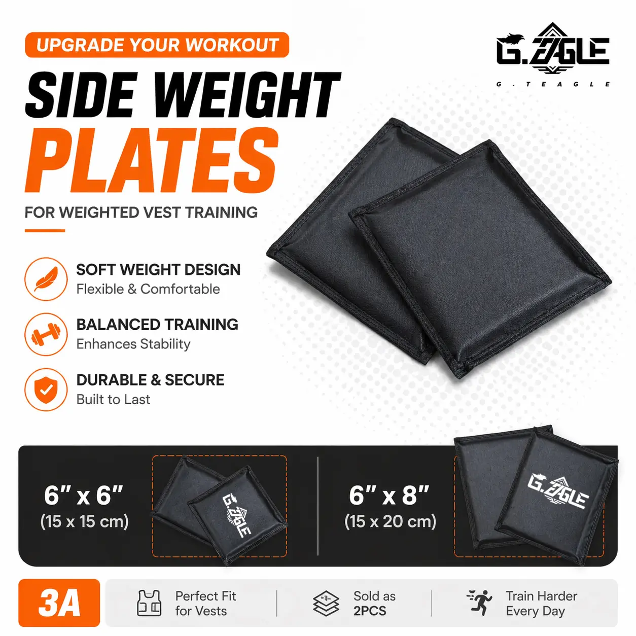 L-V 3A Side Weight Plates - Fitness Accessories, 6" x 6"/6" x 8" Inserts, Soft Edges, Fabric Shell, Balanced Training Strength Equipment for Adjustable Weight Vests, Running