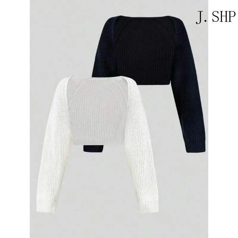 YYW1 Women's Minimalist Textured Raglan Sleeve Knitting Shrug Set - Open Front Knit Cardigan Tops, Back-to-School Cropped Casual Sports Clothes Sweaters 1123