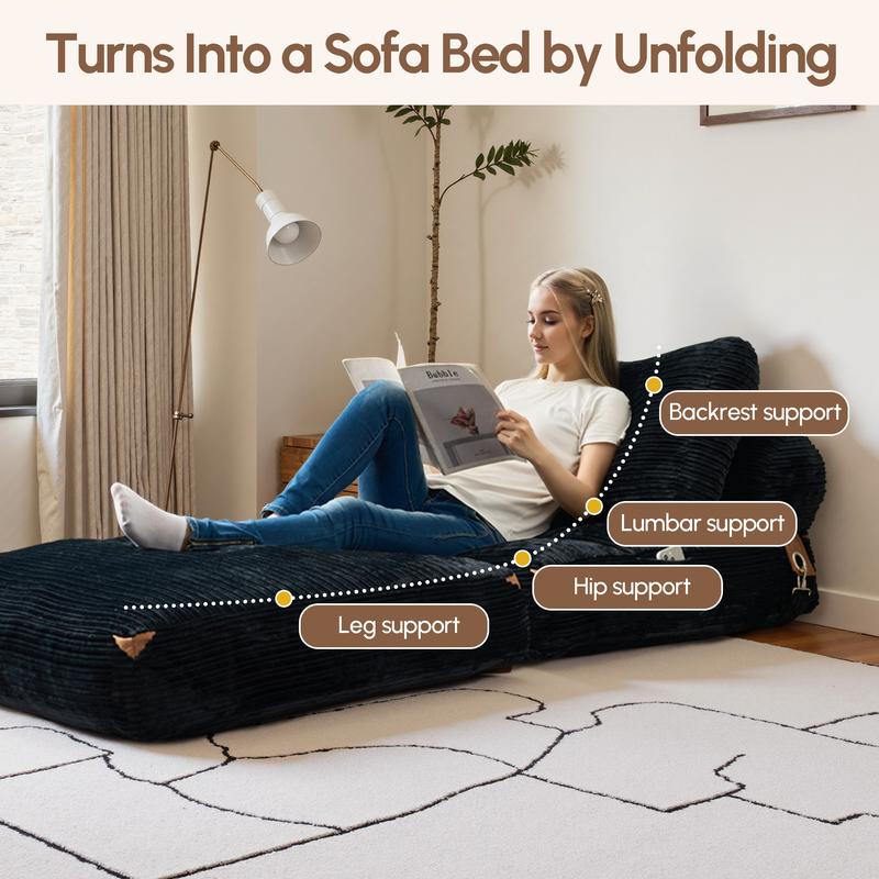 XIZZI 36" Foldable Boneless Lounge Sofa Bed, Corduroy Upholstered Sectional, Convertible Sleeper Chair with Pillow Foldable Mattress with Back Support, Portable Fold Out Chair Bed Comfy Floor Couch for Living Room Bedroom
