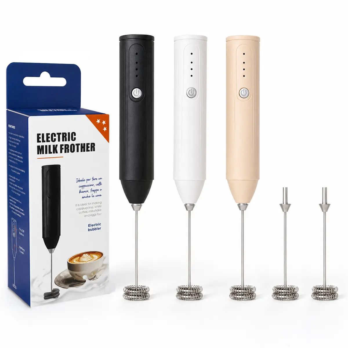 Rechargeable Handheld Milk Frother, Electric Coffee Frother with 304 Stainless Steel Mixing Heads, 3 Speed Mini Drink Mixer for Eggs, Milk, Latte, Coffee, Matcha, Cream, Milkshake, USB-C Charging