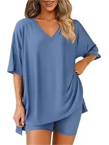 Aesthetic & Cozy! Women's Two-Piece Pajama Set - Oversized V-Neck Tee and High-Waist Biker Shorts Matching Lounge Set - Super Soft Stretchy Everyday Home Wear
