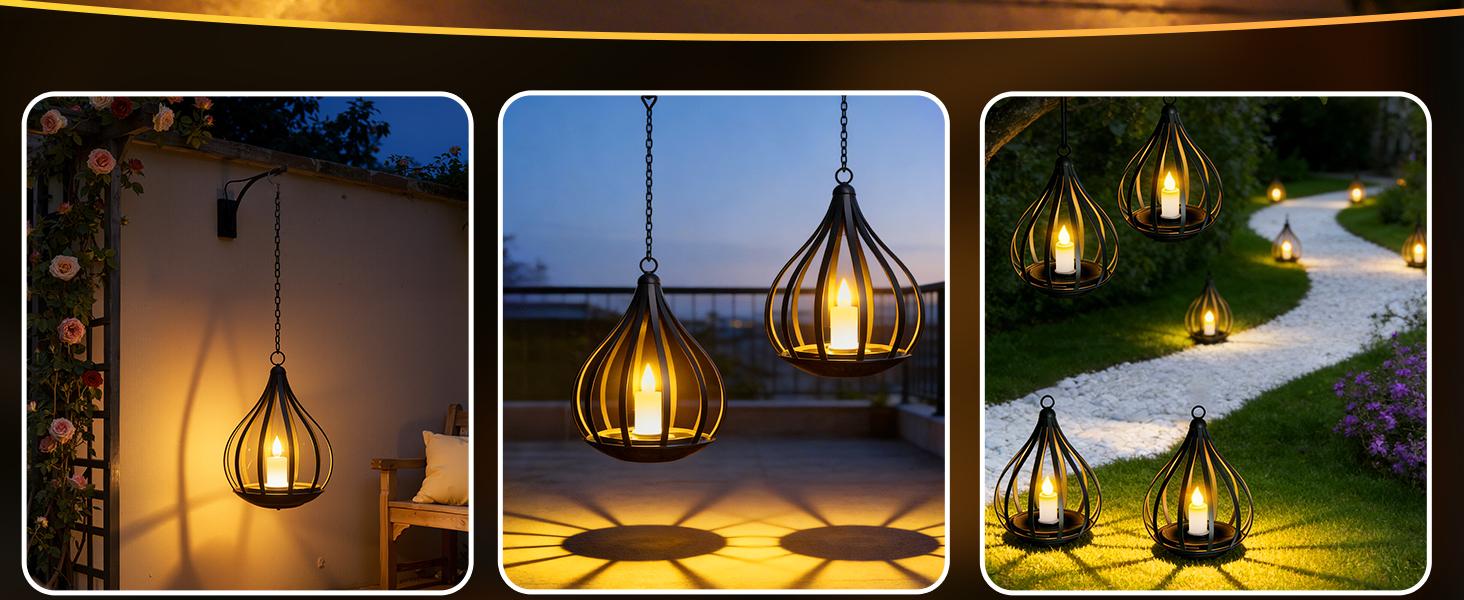 Solar Garden Lights Outdoor, 2/4 Pack Metal Solar Water Drop Shape Candle Lantern 2026 New Design with Flickering Effect & Reflective Patterns, Auto On/Off, IP65 Waterproof, 20.5 CM × 15.5CM,Outdoor Solar Powered Lights for Garden, Patio, Pathway