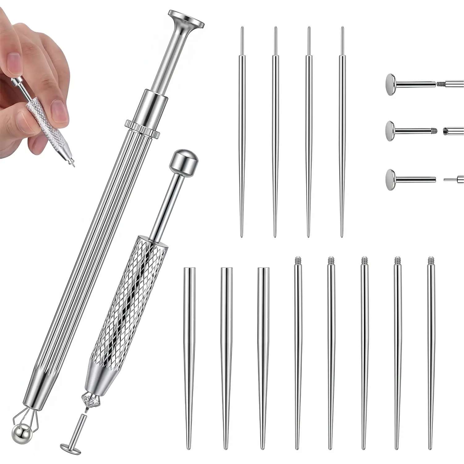 Body Piercing Insertion Tool Kit, Stainless Steel Piercing Taper & Ball Grabber Tool for Flat Back Earrings, Threadless Jewelry Insertion Pin, 14G 16G 18G 20G for Ear, Nose & Lip Piercings