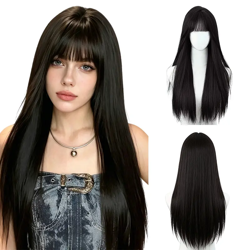 Lotfon Blonde Wig for Women, 25 Inch Long Natural Straight Synthetic Hair with Bangs, Realistic Simulated Scalp for Daily Wear or Cosplay, Longhair, Adjustable, Snug Fit Wig, Approx. 25", Synthetic Wig