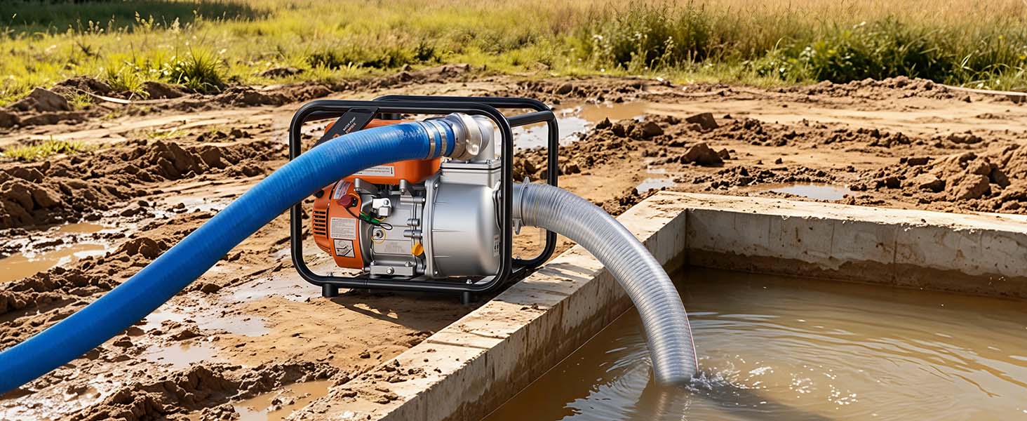 【Summerfinds】VEVOR 3-in Gas Powered Semi-Trash Water Transfer Pump, 7 HP Power, 264 GPM, Cast Iron Impeller, Heavy Duty Frame, 25 ft Discharge Hose, Anti-Vibration Pads, for Ponds, Drainage, Floodwater