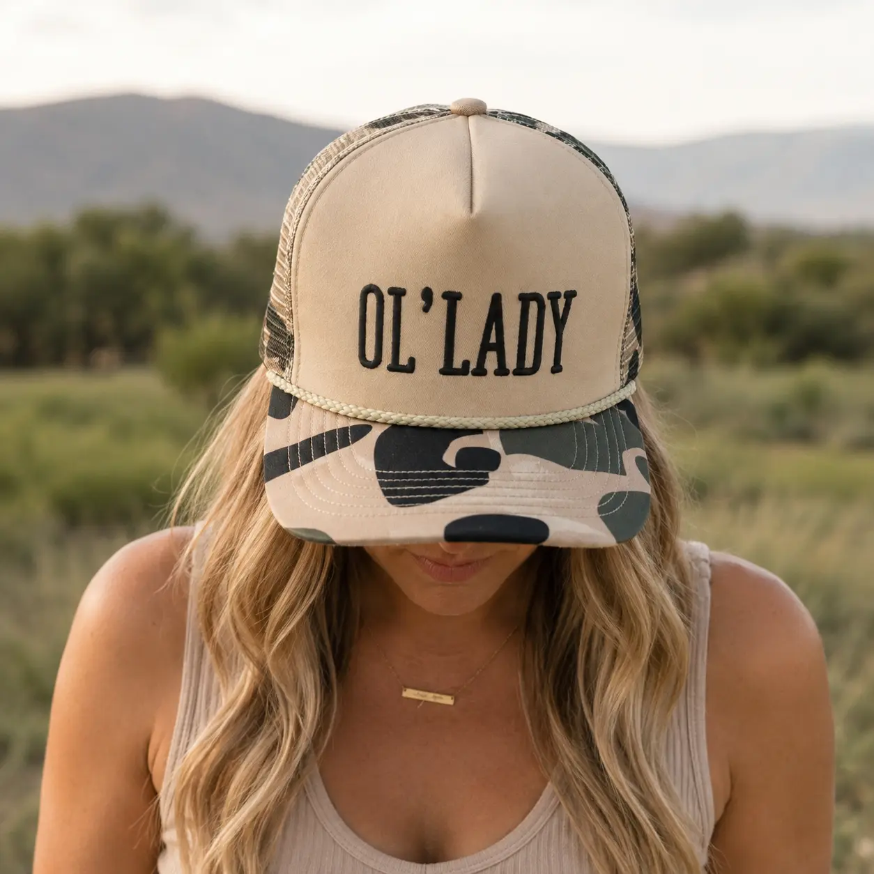 Ol Lady Camo Trucker Hat, Embroidered Text Mesh Cap, Tan Camouflage Snapback, Adjustable Outdoor Baseball Hat, Funny Country Style Cap