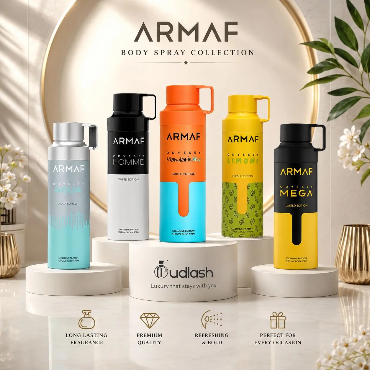 Oudlash Bundle | Armaf | Odyssey Limoni + Mandarin Sky + Homme + Mega + Aqua | Unisex Fragrance | 200ML- 6.8 | Eau De Parfum | Lemon- Sweet Orange, Mandarin