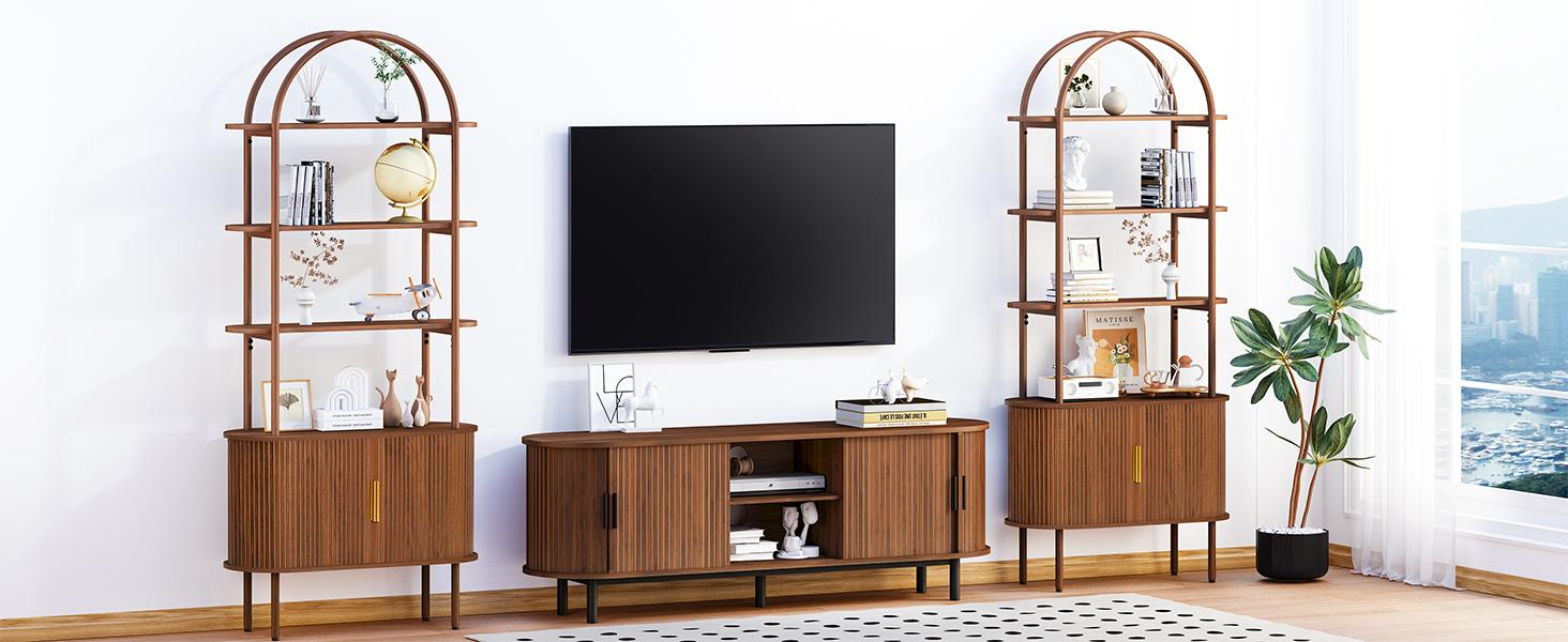 Giratree 71" Tall Fluted Arched Bookshelf with Sliding Tambour Doors, Mid Century Modern Curved Bookshelf Cabinet with Storage, 4-Tier Open Display Storage Shelf for Home Office, Living Room