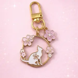 Charm Keychain- Bag Charm- Kindle Charm- White Cat Pink Flowers