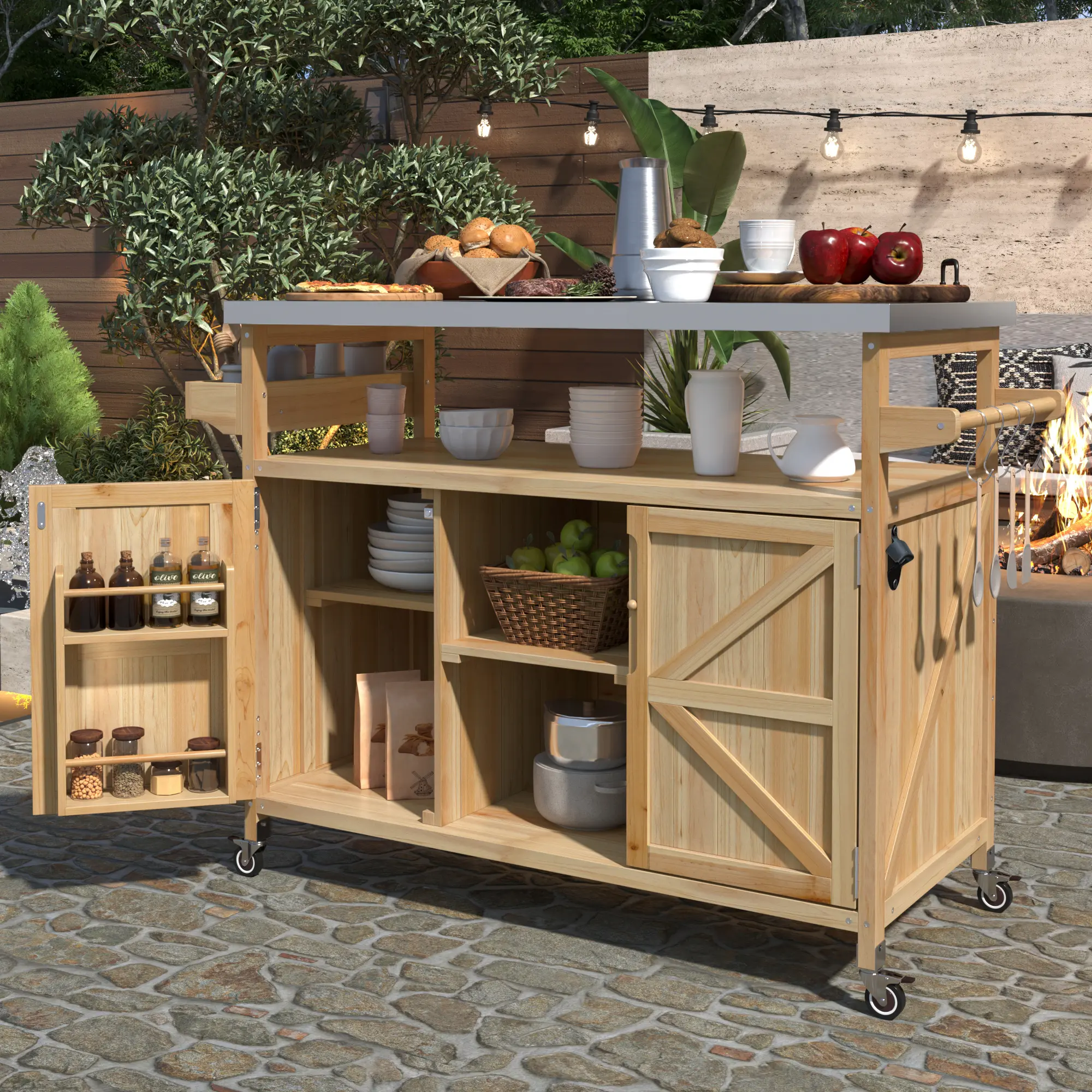 Portable Farmhouse Solid Wood Outdoor Kitchen Island on Wheels - Sturdy, Durable BBQ Grill Cabinet Cart with Stainless Steel Top, Spice Rack, Paper Towel Holder, Gas Cylinder Storage for Garden, Backyard Parties
