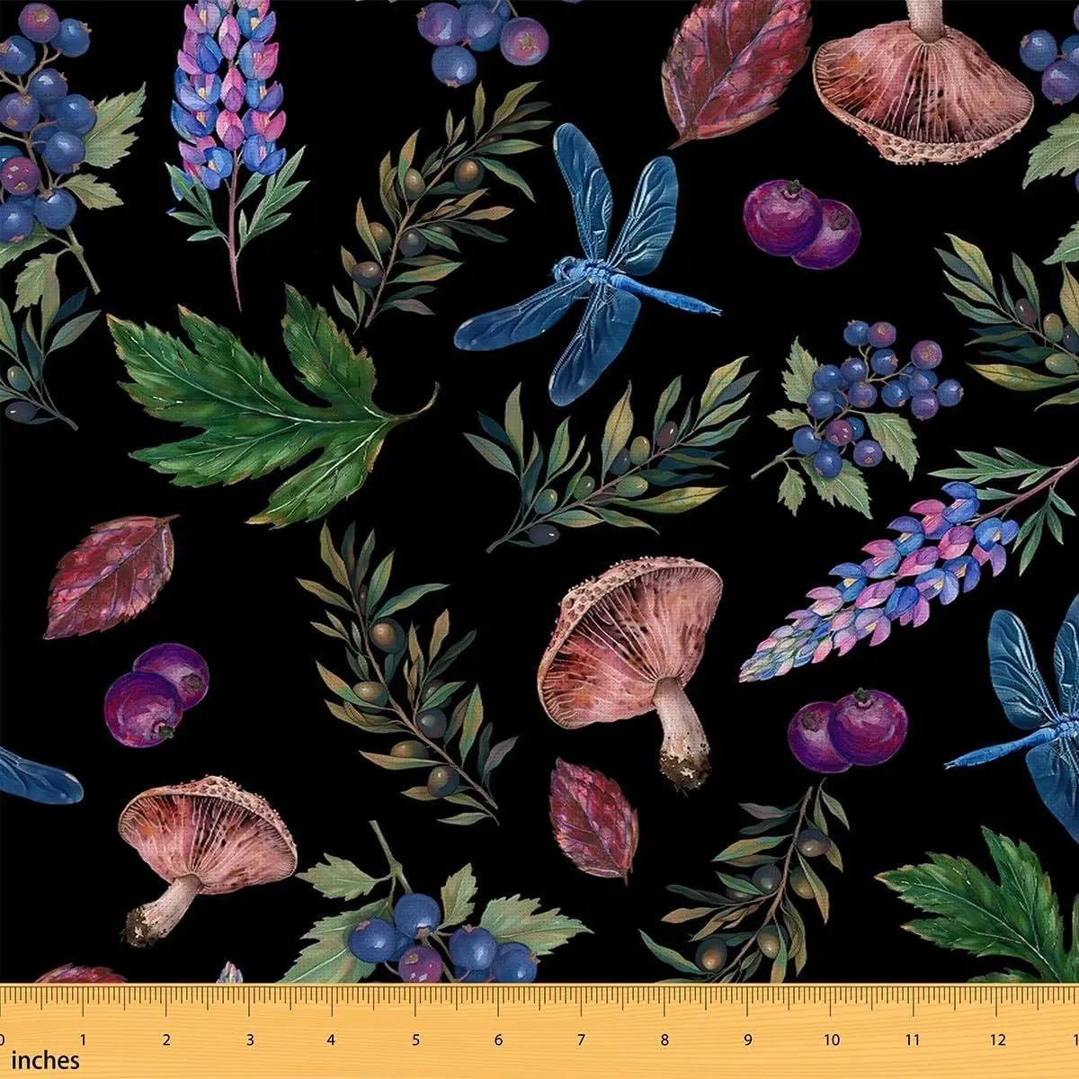 Watercolor Leaves Fabric Wild Mushroom Outdoor Plants Decor Fabric Adult Natural Dragonfly Rustic Jungle Fabric DIY Soft Flannel Polyester Accent