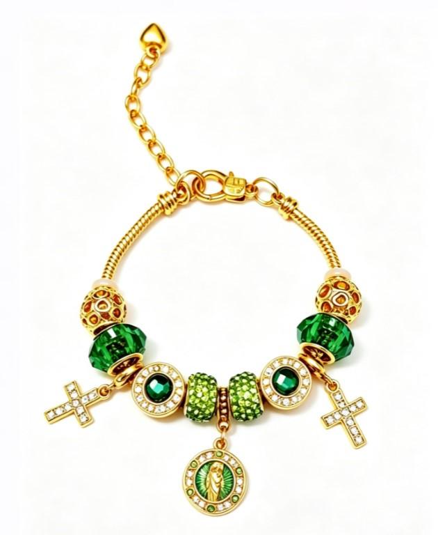 Tone Gold Snake Chain Charm Bracelet Emerald Green Crystal Rhinestone Cross Religious Medal Bracelet Women Prayer Jewelry Gift