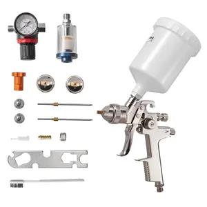 【fathersdaygift】VEVOR LVLP Air Spray Gun, Gravity Feed Paint Sprayer Gun with 3 Nozzles (1.3/1.4/1.7mm), 600ml Capacity Automotive Paint Sprayer with Air Regulator for Furniture, Car Painting, Home Improvement, Adjustable, Brass Parts