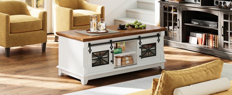 IRONCK 48'' Coffee Table with Sliding Barn Doors, Rustic Center Table with 6 Large Storage Space, Glass Doors and Adjustable Middle Shelf, Farmhouse Coffee Tables for Living Room
