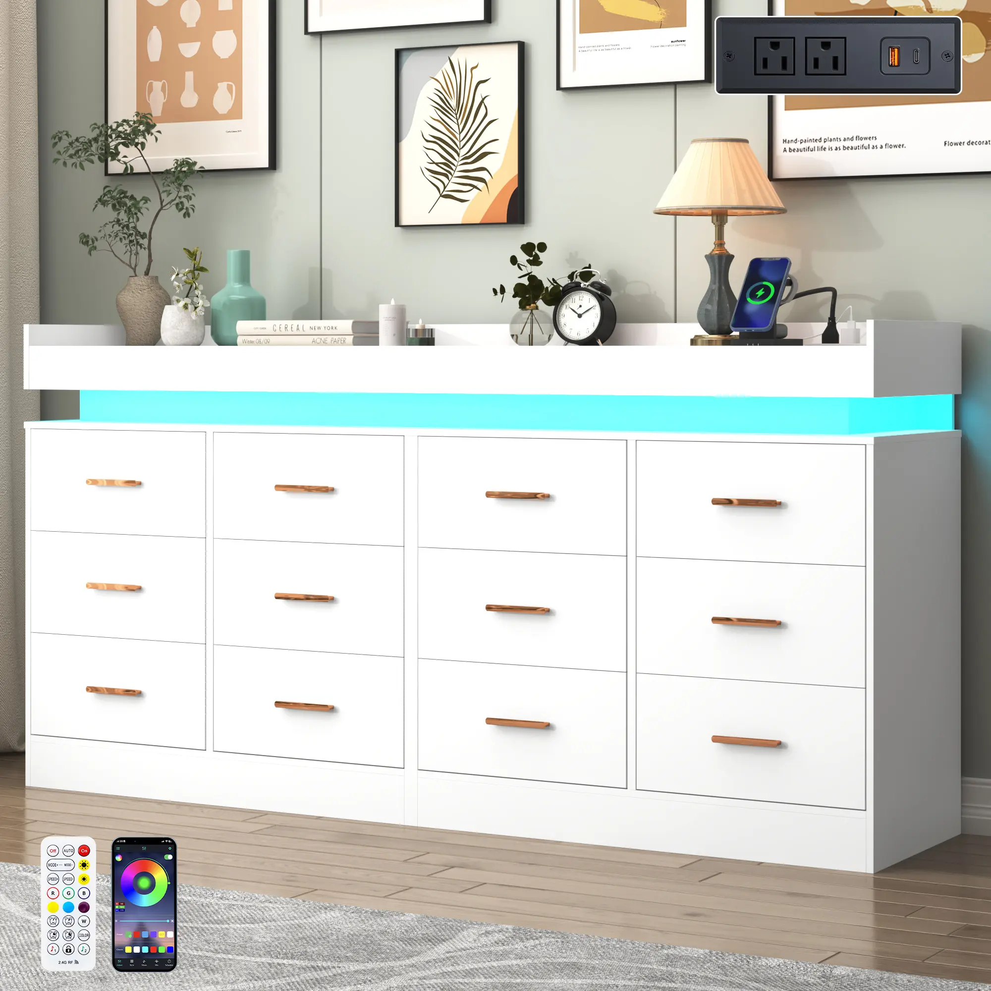 12 Drawer Dresser with LED Light and Charging Station, Modern Chest of Drawers for Closet, Wide Drawer Organizer Cabinet, Living Room, Entryway, Hallway, Black/White
