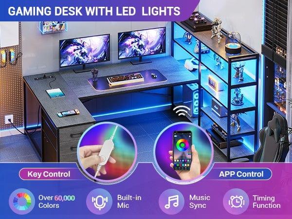 SIKAIC 64.5 Inches Reversible U Shaped LED Gaming Desk Grey with Storage Drawers Open Shelves Dual Monitor Mount RGB Light Durable Home Office Setup