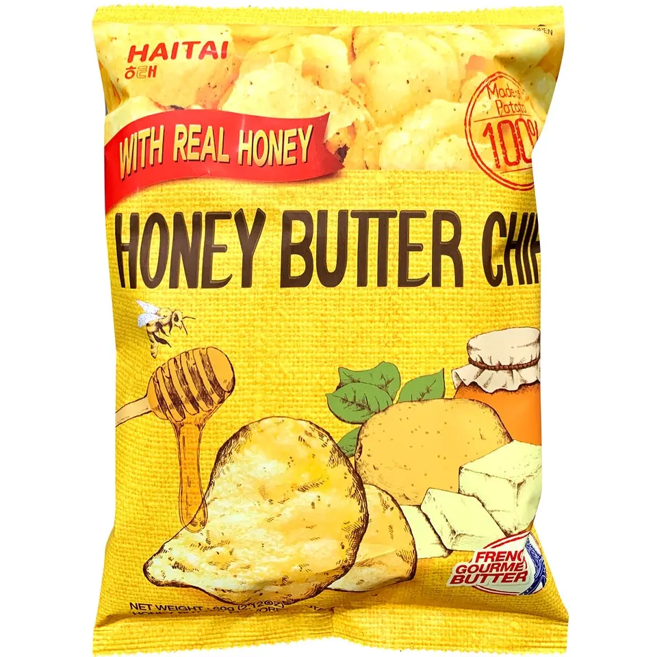 Haitai Korean Potato Crisps - Sweet and Salty, Crunchy, Creamy Honey Butter Flavor with Real Honey, Milk-Containing, Ambient 2.12oz (60g) Ready-to-Eat Food Snack