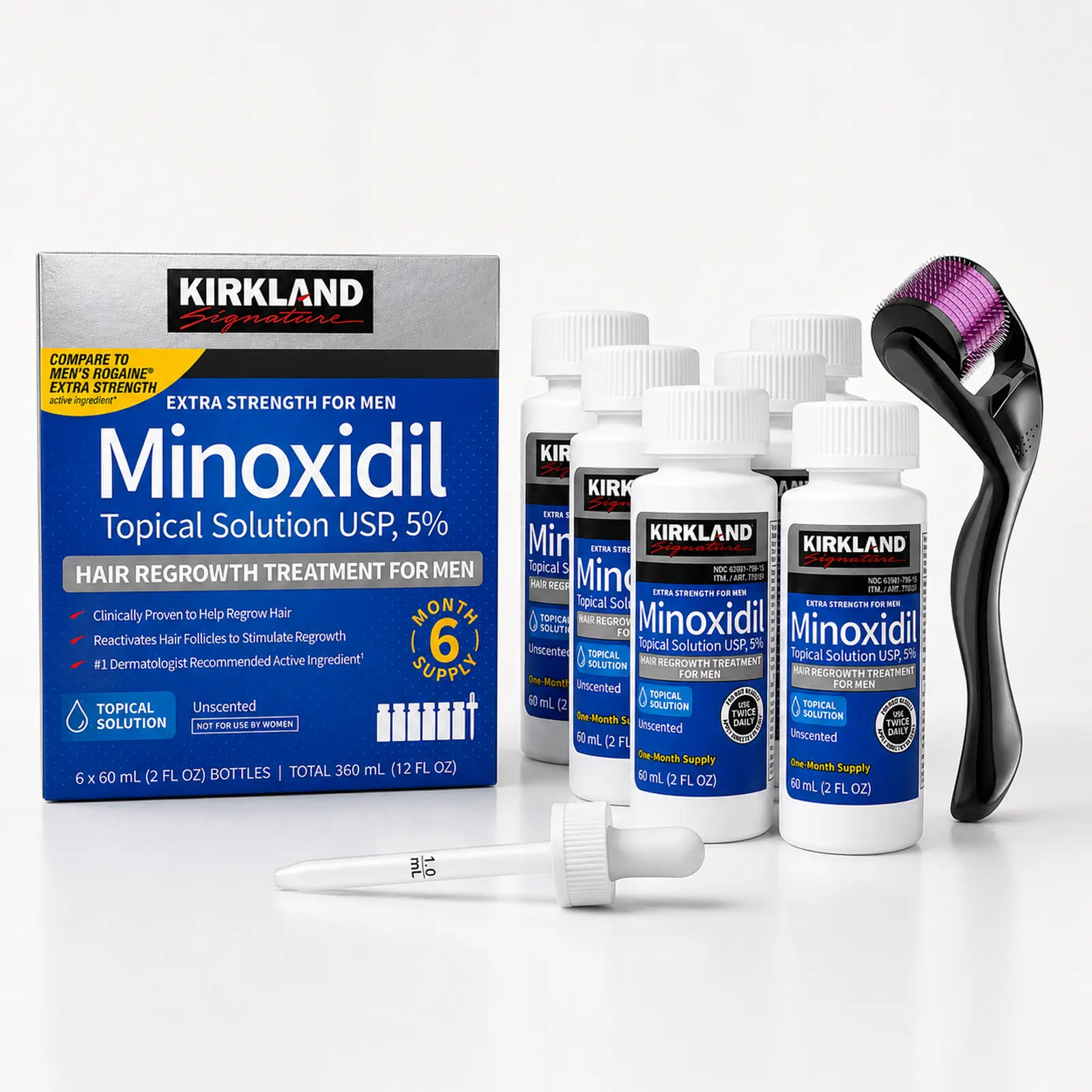 Kirkland Signature 5% Minoxidil Men's Scalp Serum Kit - Extra Strength Daily Nourishing Drops for Thinning Hair & Hair Loss Treatment, Thicker & Fuller Looking Hair Routine