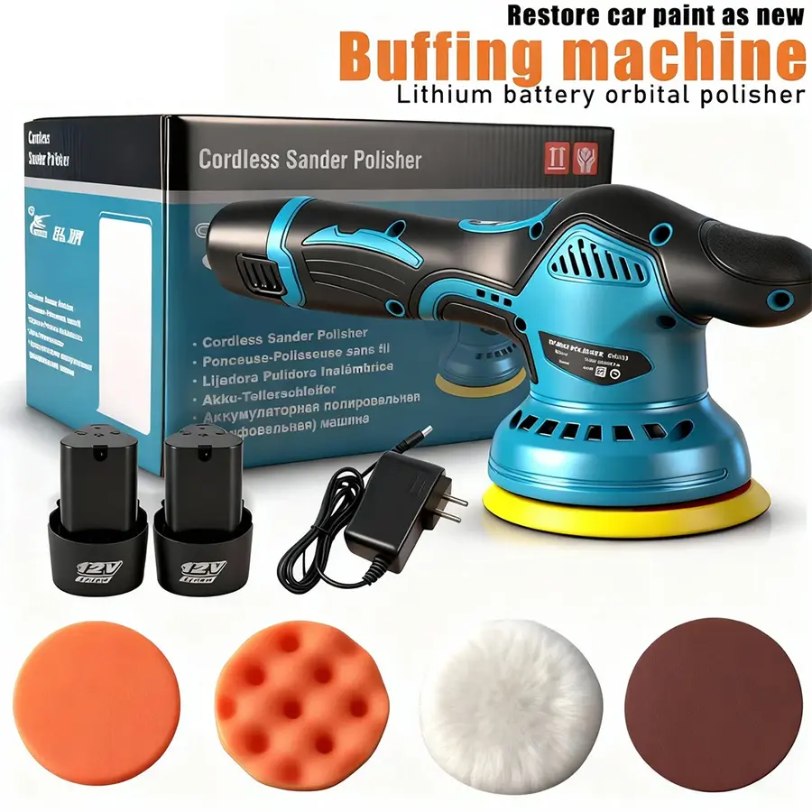 Cordless Car Buffer Polisher with 12V Lithium Rechargeable Battery*2, Cordless Polisher with 8 Variable Speeds, Cordless Buffer Polisher for Car Detailing, Polishing Tools, Polishing Accessories for Men