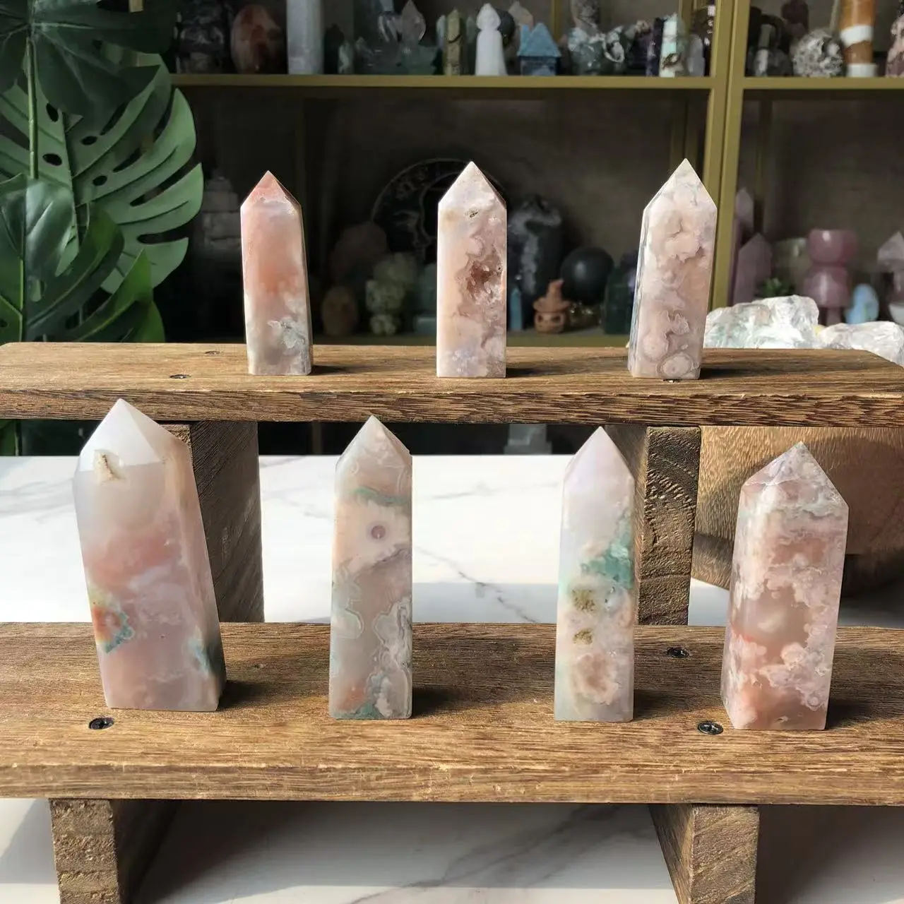Natural Crystal Green Flower Agate with Pink Amethyst Point Collection