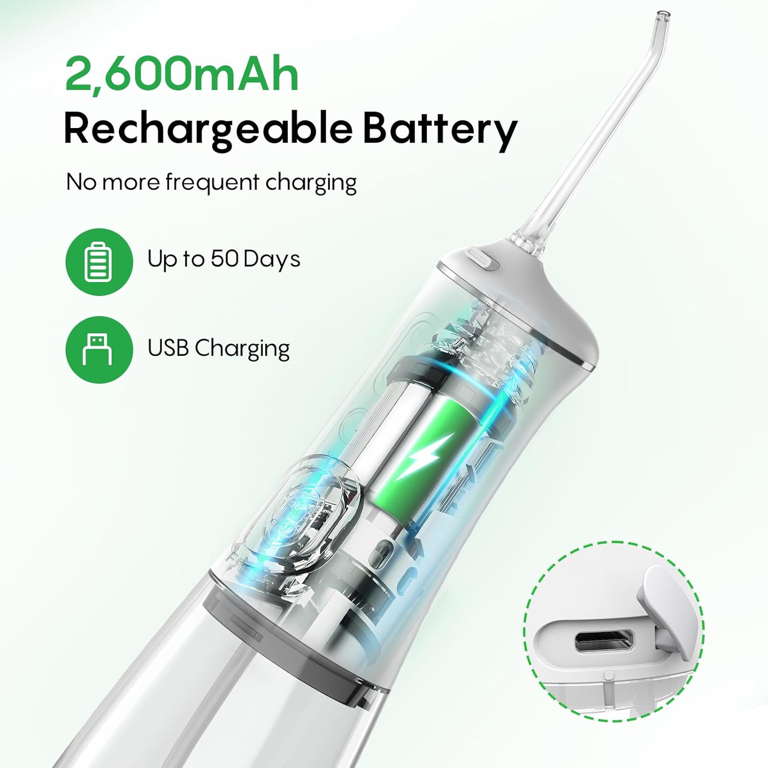 Water Dental Flosser 50-Day Battery, IPX7 Waterproof, 5 Tips, 300ML Oral Irrigator for Braces & Sensitive Gums | Deep Plaque Removal, 4 Modes