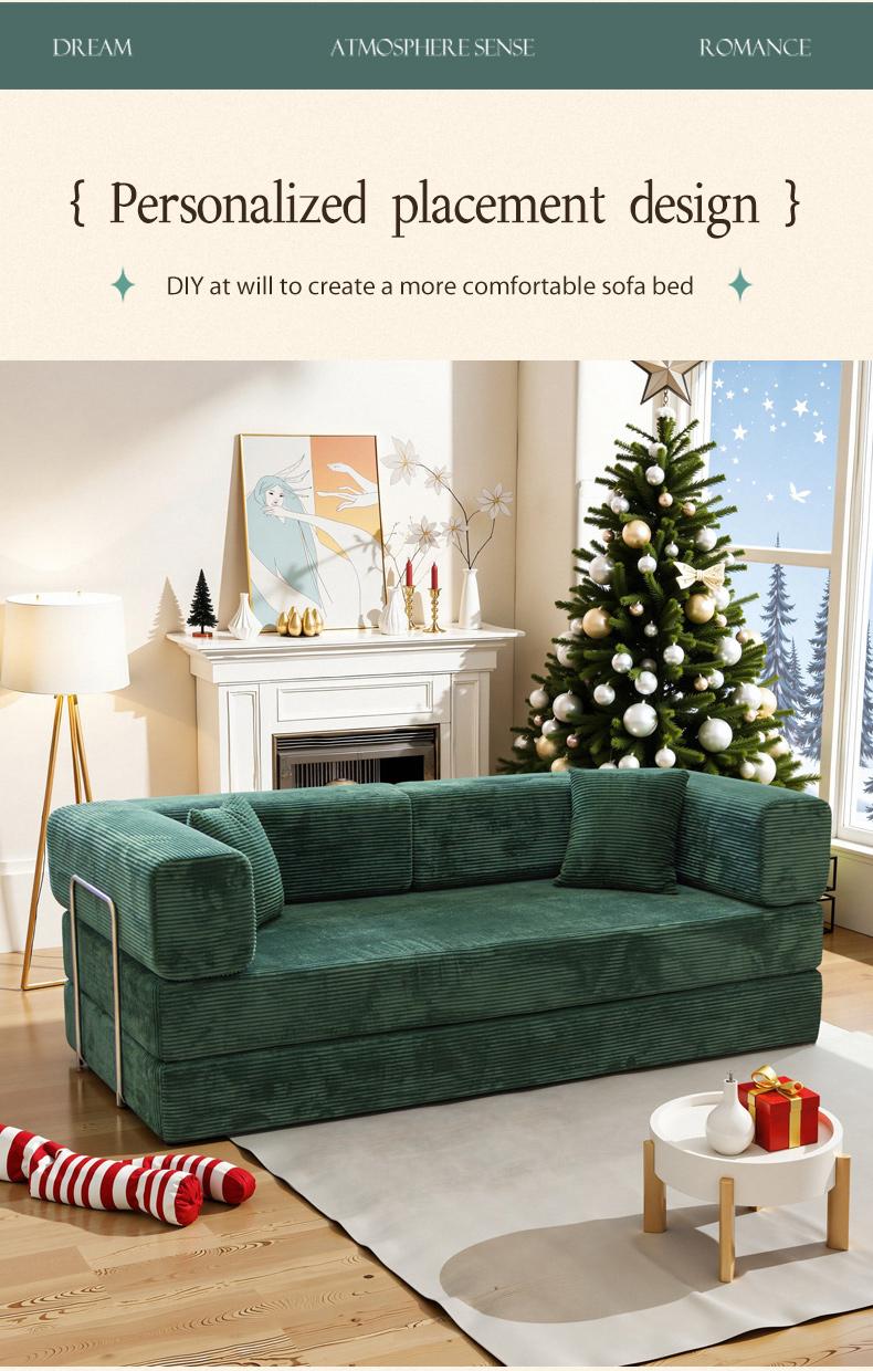 78.7'' Convertible Sleeper Sofa Bed with Cylindrical Pillow Corduroy Folding Mattress Couch Fixed-Shape Frame for Living Room Bedroom Studio Fully Assembled