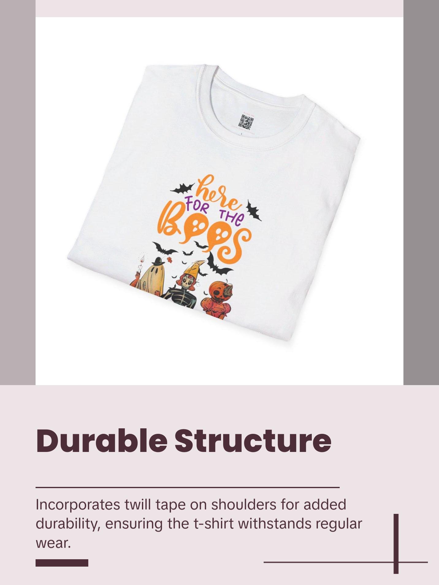 Here For The Boos Halloween Unisex Tshirt Ribbed Reinforced Collar Streetwear Cotton Tee Classic Tagless Comfort