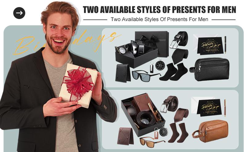 10 Pcs Valentine Gift for Men Dad Gift Set with Leather Tray Tumbler Toiletry Travel Bag Sock Scented Candle Wood Knife, Leather Gift Box From Son Daughter Wife for Father's Day Holiday Anniversary Birthday