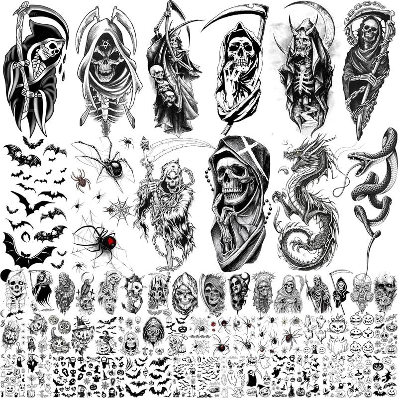 61 Sheets Halloween Temporary Tattoos for Men Women Adults, 12 Sheets Skeleton Death Skull Demon Devil Half Arm Sleeve Fake Tattoo Stickers, 49 Sheets Spider Web Bat Snake Vampire Scar Face Tattoos cohesive tattoos