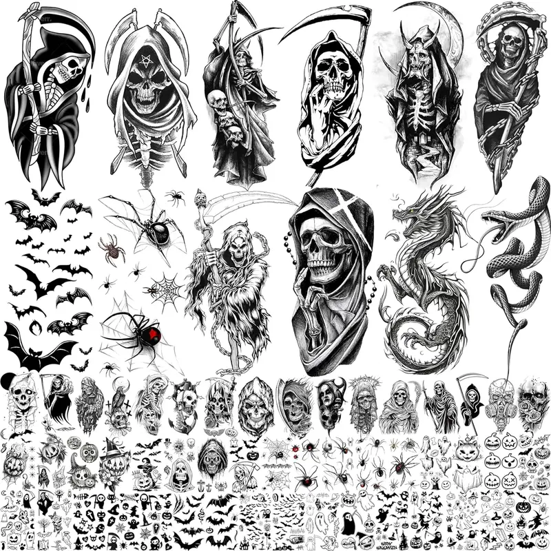 61 Sheets Halloween Temporary Tattoos for Men Women Adults, 12 Sheets Skeleton Death Skull Demon Devil Half Arm Sleeve Fake Tattoo Stickers, 49 Sheets Spider Web Bat Snake Vampire Scar Face Tattoos cohesive tattoos