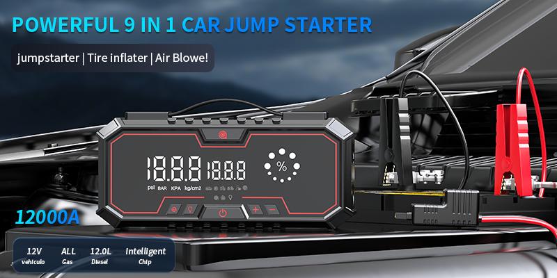 Kapeezi 12000A (All Gas, 12L Diesel) Portable Car Jump Starter with Air Compressor, Blower All-in-One, portable power bank with 160PSI Tire Inflator, Car Battery Jump Starter Multi-Function Vehicle battery jump pack Automotive Tool Kit