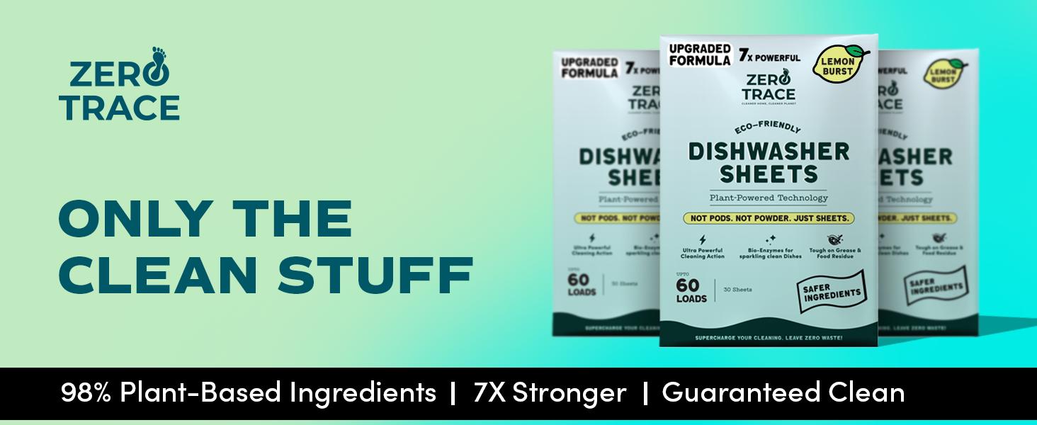 Zero Trace Dishwasher Detergent Lemon Burst - Eco-Friendly Sheets for Dish Washing - Plant Powered Technology - More Efficient than Dishwasher Pods or Tablets (38 Sheets) Cleaner Cleaning