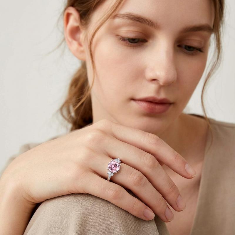 【Celestial Rose Trio】Delzzad Pink Four-Prong Stud Earrings Necklace Ring Band Set Pink Synthetic Moissanite Set Copper Jewelry Set Perfect Birthday Engagement Wedding Anniversary Christmas Valentine's Day Gifts